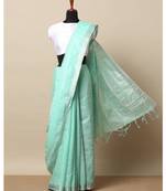 Turquoise Hand Woven Linen Saree With Blouse