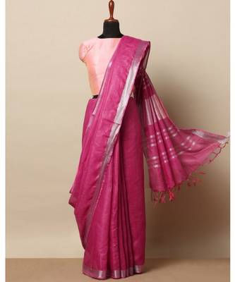 Pink Hand Woven Linen Saree With Blouse 1