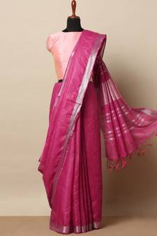Pink Hand Woven Linen Saree With Blouse