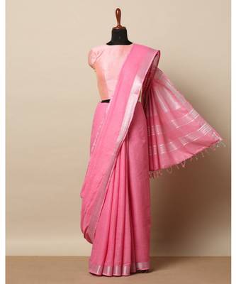 Pink Hand Woven Linen Saree With Blouse 1
