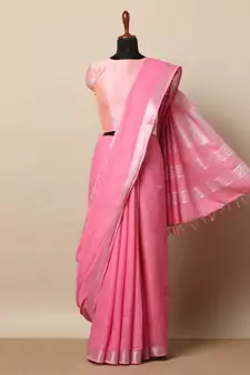 Pink Hand Woven Linen Saree With Blouse