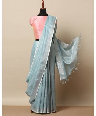 Grey Hand Woven Linen Saree With Blouse 1