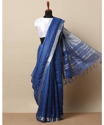 Blue Hand Woven Linen Saree With Blouse 1