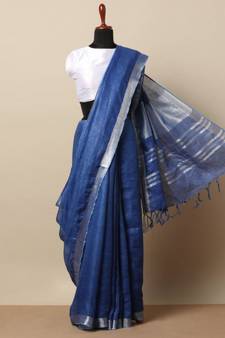 Blue Hand Woven Linen Saree With Blouse