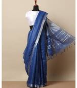 Blue Hand Woven Linen Saree With Blouse