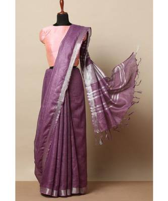 Purple Hand Woven Linen Saree With Blouse 1