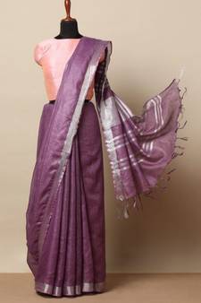Purple Hand Woven Linen Saree With Blouse