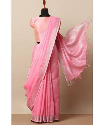 Pink Hand Woven Linen Saree With Blouse 1