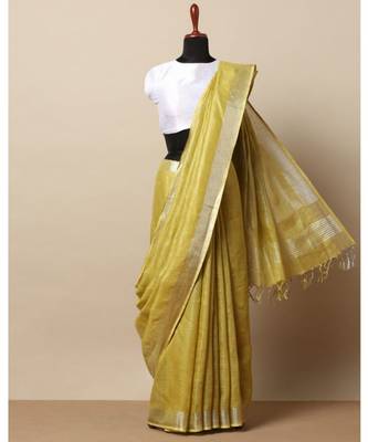Yellow Hand Woven Linen Saree With Blouse 1