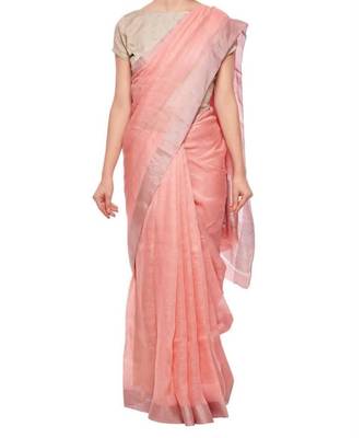 Pink Hand Woven Linen Saree With Blouse 1