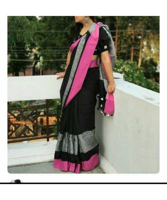 Black Hand Woven Linen Saree With Blouse 1