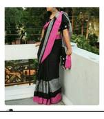 Black Hand Woven Linen Saree With Blouse