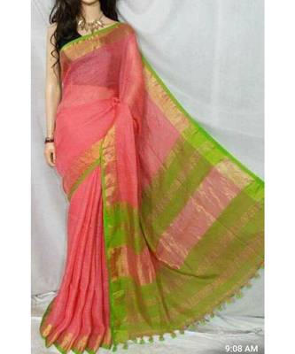 Pink Hand Woven Linen Saree With Blouse 1