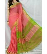 Pink Hand Woven Linen Saree With Blouse