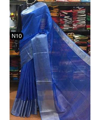 Blue Hand Woven Linen Saree With Blouse 1