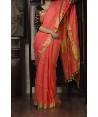 Peach Hand Woven Linen Saree With Blouse 1