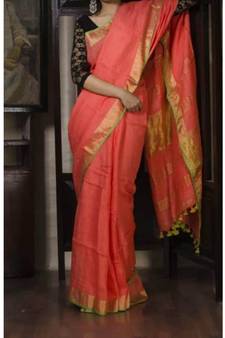 Peach Hand Woven Linen Saree With Blouse