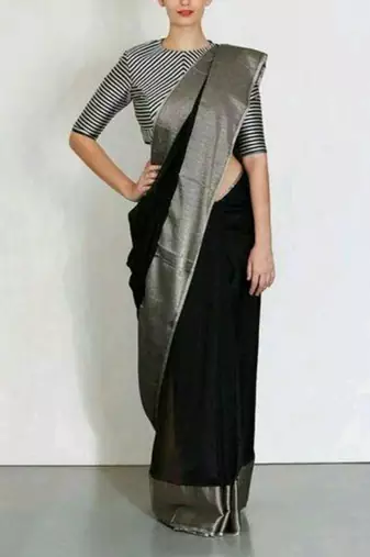 Black Hand Woven Linen Saree With Blouse