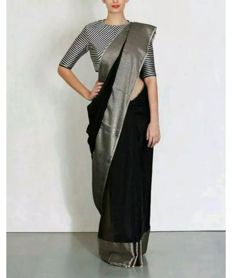 Black Hand Woven Linen Saree With Blouse