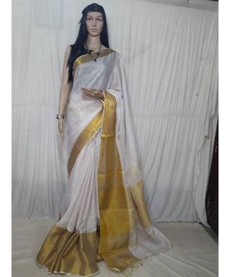 White Hand Woven Linen Saree With Blouse 1