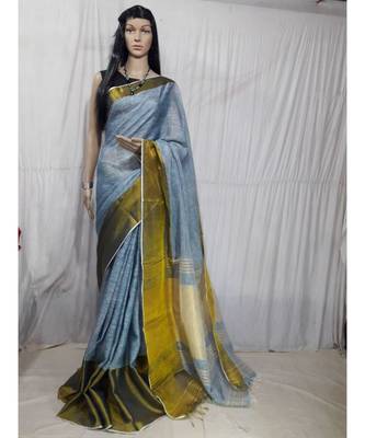 Grey Hand Woven Linen Saree With Blouse 1