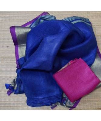 Blue Hand Woven Linen Saree With Blouse 1