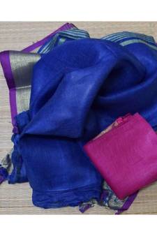 Blue Hand Woven Linen Saree With Blouse