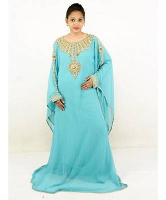 Turquoise Georgette Embroidered Zari Work Islamic-Kaftans 1