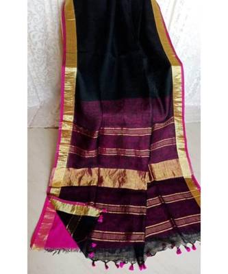 Black Hand Woven Linen Saree With Blouse 1