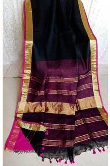Black Hand Woven Linen Saree With Blouse