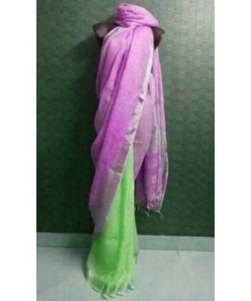 Pink Hand Woven Linen Saree With Blouse