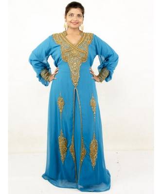 Turquoise Georgette Embroidered Zari Work Islamic-Kaftans 1