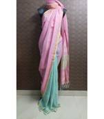 Pink Hand Woven Linen Saree With Blouse