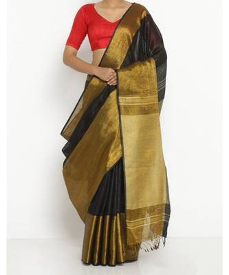 Black Hand Woven Linen Saree With Blouse 1