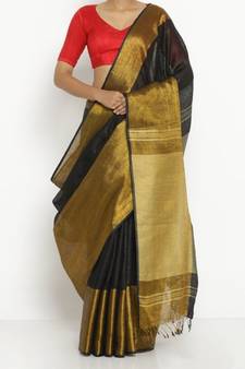 Black Hand Woven Linen Saree With Blouse