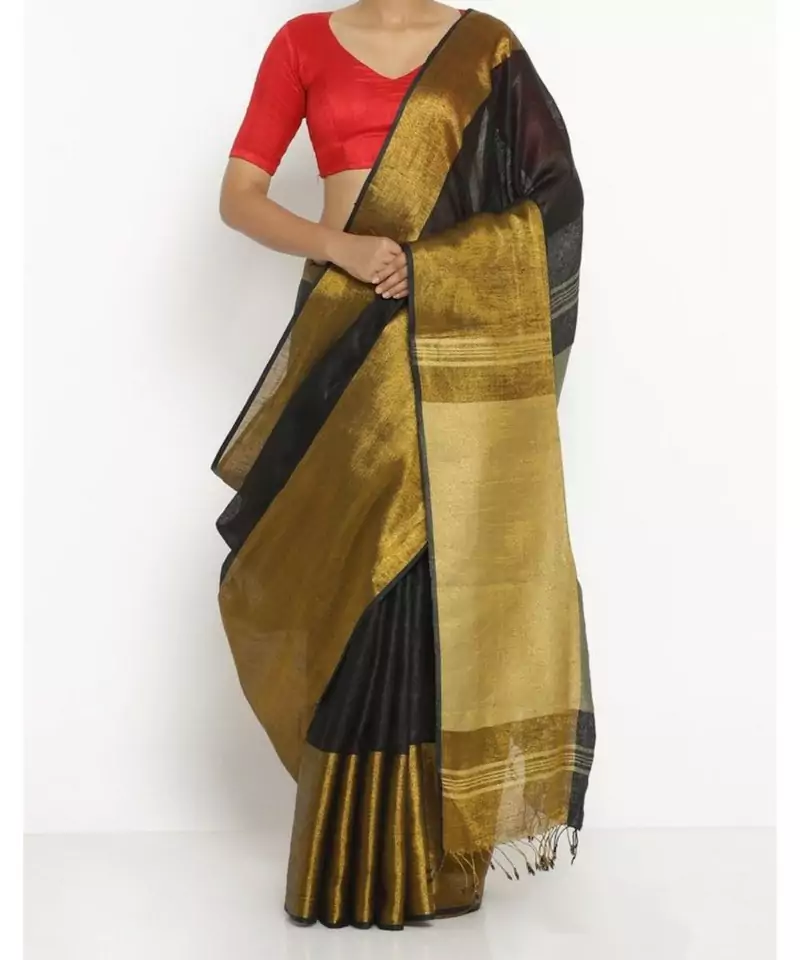 Black Hand Woven Linen Saree With Blouse