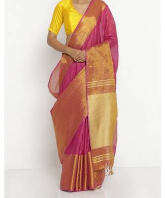 Pink Hand Woven Linen Saree With Blouse 1
