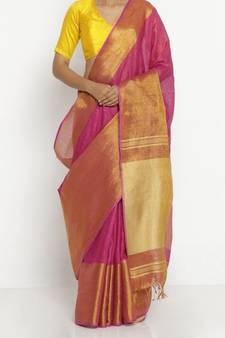 Pink Hand Woven Linen Saree With Blouse