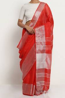 Red Hand Woven Linen Saree With Blouse