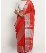 Red Hand Woven Linen Saree With Blouse