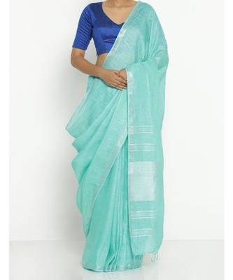 Turquoise Hand Woven Linen Saree With Blouse 1