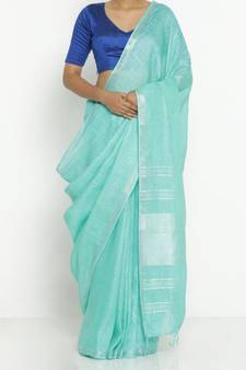 Turquoise Hand Woven Linen Saree With Blouse