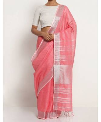 Pink Hand Woven Linen Saree With Blouse 1