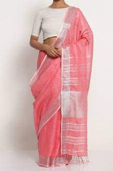 Pink Hand Woven Linen Saree With Blouse