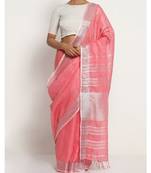 Pink Hand Woven Linen Saree With Blouse