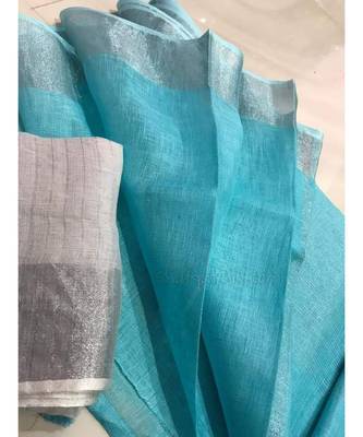 Turquoise Hand Woven Linen Saree With Blouse 1