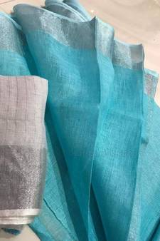 Turquoise Hand Woven Linen Saree With Blouse