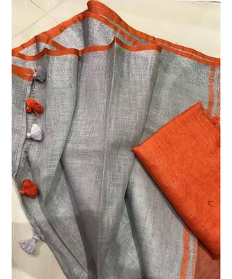 Grey Hand Woven Linen Saree With Blouse 1