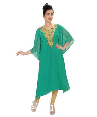 Green Georgette Embroidered Zari Work Islamic-Kaftans 1