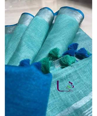 Turquoise Hand Woven Linen Saree With Blouse 1